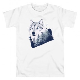 Мужская футболка хлопок с принтом Волк Абстракция в Санкт-Петербурге, 100% хлопок | прямой крой, круглый вырез горловины, длина до линии бедер, слегка спущенное плечо. | abstraction | wolf | абстракция | волк | волки | лес | птицы