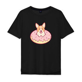 Мужская футболка хлопок Oversize с принтом Корги Пончик в Санкт-Петербурге, 100% хлопок | свободный крой, круглый ворот, “спинка” длиннее передней части | dog | donut | kawaii | вкусняшка | выпечка | еда | лапочка | милый | мимими | пес | песик | сладкий | собака | щенок