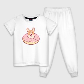 Детская пижама хлопок с принтом Корги Пончик в Санкт-Петербурге, 100% хлопок |  брюки и футболка прямого кроя, без карманов, на брюках мягкая резинка на поясе и по низу штанин
 | dog | donut | kawaii | вкусняшка | выпечка | еда | лапочка | милый | мимими | пес | песик | сладкий | собака | щенок