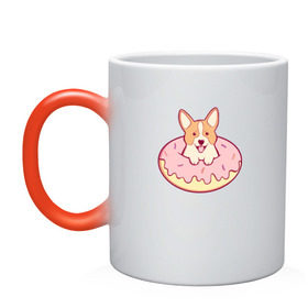 Кружка хамелеон с принтом Корги Пончик в Санкт-Петербурге, керамика | меняет цвет при нагревании, емкость 330 мл | Тематика изображения на принте: dog | donut | kawaii | вкусняшка | выпечка | еда | лапочка | милый | мимими | пес | песик | сладкий | собака | щенок