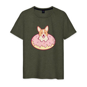 Мужская футболка хлопок с принтом Корги Пончик в Санкт-Петербурге, 100% хлопок | прямой крой, круглый вырез горловины, длина до линии бедер, слегка спущенное плечо. | Тематика изображения на принте: dog | donut | kawaii | вкусняшка | выпечка | еда | лапочка | милый | мимими | пес | песик | сладкий | собака | щенок