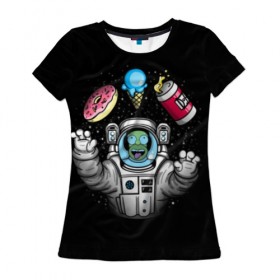 Женская футболка 3D с принтом Гомер в космосе в Санкт-Петербурге, 100% полиэфир ( синтетическое хлопкоподобное полотно) | прямой крой, круглый вырез горловины, длина до линии бедер | bart | homer | lisa | simpsons | space | барт | гомер | космос | пончик | симпсоны