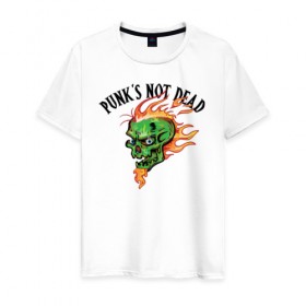 Мужская футболка хлопок с принтом Punk`s not dead в Санкт-Петербурге, 100% хлопок | прямой крой, круглый вырез горловины, длина до линии бедер, слегка спущенное плечо. | beard | cool | creative | death | design | eyes | fire | flame | green | hype | music | punk | skull | vanguard | авангард | борода | глаза | дизайн | зеленый | креатив | круто | музыка | огонь | панк | пламя | хайп | череп