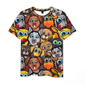 Мужская футболка 3D с принтом Веселые собаки в Санкт-Петербурге, 100% полиэфир | прямой крой, круглый вырез горловины, длина до линии бедер | бульдог | голубые глаза | доберман | животные | жирафы | котики | милые | олени | разноцветные | собаки | хаски | яркие