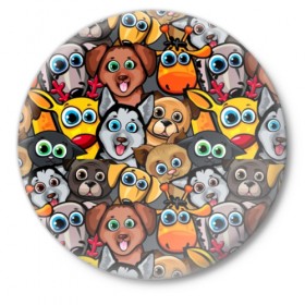 Значок с принтом Веселые собаки в Санкт-Петербурге,  металл | круглая форма, металлическая застежка в виде булавки | бульдог | голубые глаза | доберман | животные | жирафы | котики | милые | олени | разноцветные | собаки | хаски | яркие