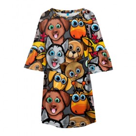 Детское платье 3D с принтом Веселые собаки в Санкт-Петербурге, 100% полиэстер | прямой силуэт, чуть расширенный к низу. Круглая горловина, на рукавах — воланы | Тематика изображения на принте: бульдог | голубые глаза | доберман | животные | жирафы | котики | милые | олени | разноцветные | собаки | хаски | яркие