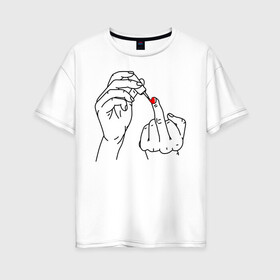 Женская футболка хлопок Oversize с принтом Девушка красит ногти в Санкт-Петербурге, 100% хлопок | свободный крой, круглый ворот, спущенный рукав, длина до линии бедер
 | жест | контур | лак | линии | маникюр | ноготь | отвали | палец | рука
