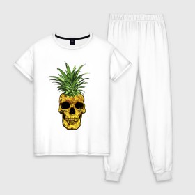 Женская пижама хлопок с принтом Ананас в Санкт-Петербурге, 100% хлопок | брюки и футболка прямого кроя, без карманов, на брюках мягкая резинка на поясе и по низу штанин | cool | creative | design | fruit | green | hype | new york | pineapple | skull | summer | supreme | vanguard | vegan | авангард | ананас | дизайн | зеленый | креатив | круто | лето | фрукт | хайп | череп