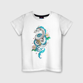 Детская футболка хлопок с принтом Дракон Хаку в цветах в Санкт-Петербурге, 100% хлопок | круглый вырез горловины, полуприлегающий силуэт, длина до линии бедер | Тематика изображения на принте: аниме | безликий | сэн и таинственное исчезновение тихиро | унесённые призраками | хаку | хаяо миядзаки