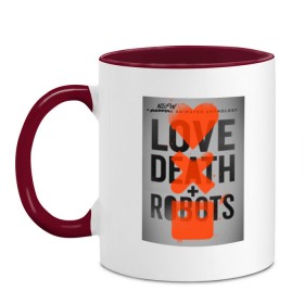 Кружка двухцветная с принтом LOVE DEATH + ROBOTS в Санкт-Петербурге, керамика | объем — 330 мл, диаметр — 80 мм. Цветная ручка и кайма сверху, в некоторых цветах — вся внутренняя часть | death | love death + robots | netflix | robots | любовь | нетфликс | роботы | сериал