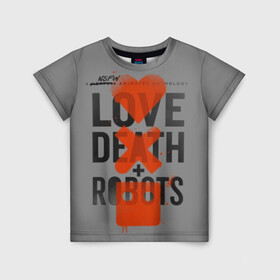 Детская футболка 3D с принтом LoveD+R в Санкт-Петербурге, 100% гипоаллергенный полиэфир | прямой крой, круглый вырез горловины, длина до линии бедер, чуть спущенное плечо, ткань немного тянется | Тематика изображения на принте: death | love death + robots | netflix | robots | любовь | нетфликс | роботы | сериал