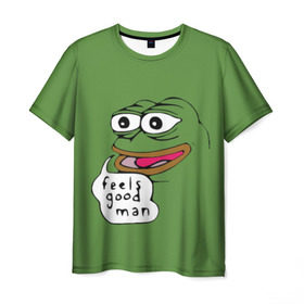 Мужская футболка 3D с принтом Feels Good Man в Санкт-Петербурге, 100% полиэфир | прямой крой, круглый вырез горловины, длина до линии бедер | pepe | pepe frog | зеленая лягушка | лягушка | пепе