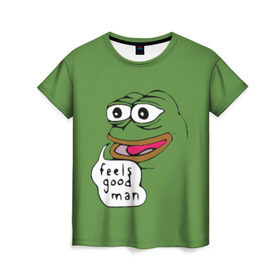 Женская футболка 3D с принтом Feels Good Man в Санкт-Петербурге, 100% полиэфир ( синтетическое хлопкоподобное полотно) | прямой крой, круглый вырез горловины, длина до линии бедер | pepe | pepe frog | зеленая лягушка | лягушка | пепе