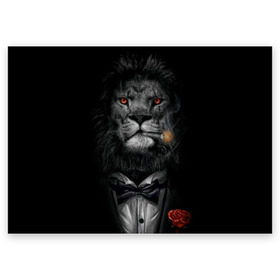 Поздравительная открытка с принтом Лев в смокинге в Санкт-Петербурге, 100% бумага | плотность бумаги 280 г/м2, матовая, на обратной стороне линовка и место для марки
 | бабочка | грива | грозный | лев | роза | серьезный | хищник | царь | церь зверей