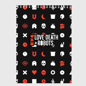 Скетчбук с принтом Love Death & Robots в Санкт-Петербурге, 100% бумага
 | 48 листов, плотность листов — 100 г/м2, плотность картонной обложки — 250 г/м2. Листы скреплены сверху удобной пружинной спиралью | cartoon | death | fantasy | heavy | horror | metal | miller | netflix | robots | tim | witness | любовь | миллер | мультфильм | робот | роботы | тим | ужасы | фэнтези