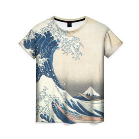 Женская футболка 3D с принтом Большая волна в Канагаве в Санкт-Петербурге, 100% полиэфир ( синтетическое хлопкоподобное полотно) | прямой крой, круглый вырез горловины, длина до линии бедер | арт | большая волна | в канагаве | гравюра | искусство | канагава | кацусики хокусай | япония