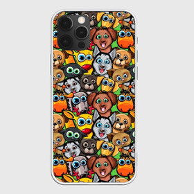 Чехол для iPhone 12 Pro с принтом Веселые собачки в Санкт-Петербурге, силикон | область печати: задняя сторона чехла, без боковых панелей | бульдог | голубые глаза | доберман | животные | жирафы | котики | милые | олени | разноцветные | собаки | хаски | яркие