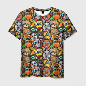 Мужская футболка 3D с принтом Веселые собачки в Санкт-Петербурге, 100% полиэфир | прямой крой, круглый вырез горловины, длина до линии бедер | Тематика изображения на принте: бульдог | голубые глаза | доберман | животные | жирафы | котики | милые | олени | разноцветные | собаки | хаски | яркие