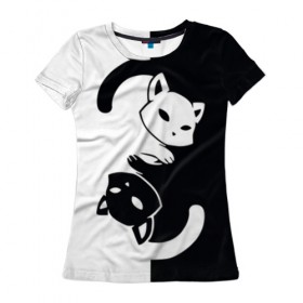 Женская футболка 3D с принтом Yin-yang Cats в Санкт-Петербурге, 100% полиэфир ( синтетическое хлопкоподобное полотно) | прямой крой, круглый вырез горловины, длина до линии бедер | 