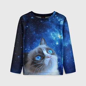 Детский лонгслив 3D с принтом Сердитый кот в космосе в Санкт-Петербурге, 100% полиэстер | длинные рукава, круглый вырез горловины, полуприлегающий силуэт
 | grumpy cat | космос | кот | кот в космосе | кот мем | кошка | кошка мем | мем кот | сердитый кот | синий кот
