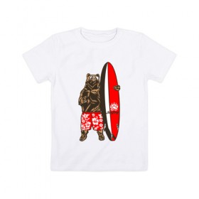 Детская футболка хлопок с принтом Медведь Серфер в Санкт-Петербурге, 100% хлопок | круглый вырез горловины, полуприлегающий силуэт, длина до линии бедер | bear | surf | surfing | летние | лето | медведи | медведь | серфер | серфинг