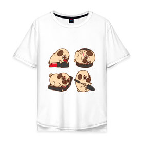 Мужская футболка хлопок Oversize с принтом Мопс Красавчик в Санкт-Петербурге, 100% хлопок | свободный крой, круглый ворот, “спинка” длиннее передней части | Тематика изображения на принте: pug | косметика | модник | модница | помада | собака