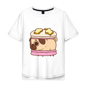 Мужская футболка хлопок Oversize с принтом Мопс Пироженко в Санкт-Петербурге, 100% хлопок | свободный крой, круглый ворот, “спинка” длиннее передней части | fastfood | junkfood | pug | еда | макарун | мопс | пирожное | пончик | сладость | собака | фастфуд