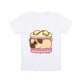 Детская футболка хлопок с принтом Мопс Пироженко в Санкт-Петербурге, 100% хлопок | круглый вырез горловины, полуприлегающий силуэт, длина до линии бедер | fastfood | junkfood | pug | еда | макарун | мопс | пирожное | пончик | сладость | собака | фастфуд