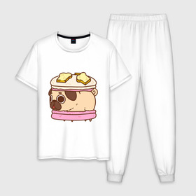 Мужская пижама хлопок с принтом Мопс Пироженко в Санкт-Петербурге, 100% хлопок | брюки и футболка прямого кроя, без карманов, на брюках мягкая резинка на поясе и по низу штанин
 | Тематика изображения на принте: fastfood | junkfood | pug | еда | макарун | мопс | пирожное | пончик | сладость | собака | фастфуд