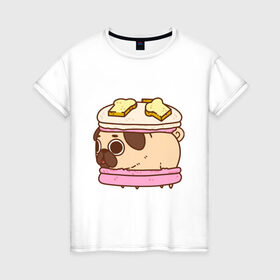 Женская футболка хлопок с принтом Мопс Пироженко в Санкт-Петербурге, 100% хлопок | прямой крой, круглый вырез горловины, длина до линии бедер, слегка спущенное плечо | fastfood | junkfood | pug | еда | макарун | мопс | пирожное | пончик | сладость | собака | фастфуд