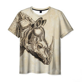 Мужская футболка 3D с принтом Носорог (гравюра Дюрера) в Санкт-Петербурге, 100% полиэфир | прямой крой, круглый вырез горловины, длина до линии бедер | rhinoceros | гравюра | индия | латы | млекопитающий | непарнокопытный | рог | холст | чешуя