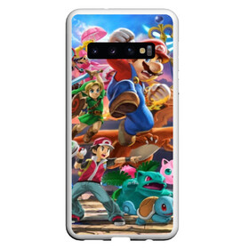 Чехол для Samsung Galaxy S10 с принтом Super Smash Bros ultimate в Санкт-Петербурге, Силикон | Область печати: задняя сторона чехла, без боковых панелей | game | mario | nintendo | nintendo all star | pikachu | pokemon | super smash bros | ultimate | джиглипафф | донки конг | зельда | игры | линк | марио | нинтендо | пикачу | покемоны | эш