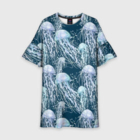 Детское платье 3D с принтом Медузы в Санкт-Петербурге, 100% полиэстер | прямой силуэт, чуть расширенный к низу. Круглая горловина, на рукавах — воланы | bubbles | cant | depth | dome | float | flock | jellyfish | long | mirror | sea | shimmer | tails | transparent | water | вода | глубина | длинные | зеркальное | косяк | купол | медузы | мерцание | море | плывут | прозрачные | пузыри | стая | хвосты