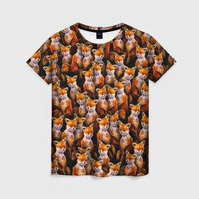 Женская футболка 3D с принтом Упоротые лисы в Санкт-Петербурге, 100% полиэфир ( синтетическое хлопкоподобное полотно) | прямой крой, круглый вырез горловины, длина до линии бедер | fox | животные | лис | лиса | лисичка | мем | паттрен | рыжий | толпа | упортый | фыр фыр