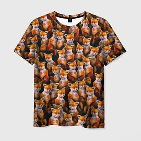 Мужская футболка 3D с принтом Упоротые лисы в Санкт-Петербурге, 100% полиэфир | прямой крой, круглый вырез горловины, длина до линии бедер | fox | животные | лис | лиса | лисичка | мем | паттрен | рыжий | толпа | упортый | фыр фыр