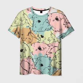 Мужская футболка 3D с принтом Акварельные Зайки в Санкт-Петербурге, 100% полиэфир | прямой крой, круглый вырез горловины, длина до линии бедер | зая | заяц | кисти | кляксы | краски | кролик | мазки | милый | мимими | пушистый | пятна | рисунок | цветной | ценный мех