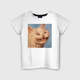 Детская футболка хлопок с принтом МЕМ КОТ в Санкт-Петербурге, 100% хлопок | круглый вырез горловины, полуприлегающий силуэт, длина до линии бедер | искусство | кот | кот мем | котомем | коты мемы | кошка | кошка мем | лицо | лицо кота | лицо кошки | мем | мем кот | мем кошка | нарисованный | перекосившиеся лицо | рисунок | рожа кота