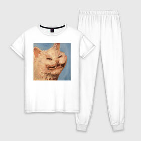 Женская пижама хлопок с принтом МЕМ КОТ в Санкт-Петербурге, 100% хлопок | брюки и футболка прямого кроя, без карманов, на брюках мягкая резинка на поясе и по низу штанин | искусство | кот | кот мем | котомем | коты мемы | кошка | кошка мем | лицо | лицо кота | лицо кошки | мем | мем кот | мем кошка | нарисованный | перекосившиеся лицо | рисунок | рожа кота