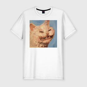 Мужская футболка премиум с принтом МЕМ КОТ в Санкт-Петербурге, 92% хлопок, 8% лайкра | приталенный силуэт, круглый вырез ворота, длина до линии бедра, короткий рукав | искусство | кот | кот мем | котомем | коты мемы | кошка | кошка мем | лицо | лицо кота | лицо кошки | мем | мем кот | мем кошка | нарисованный | перекосившиеся лицо | рисунок | рожа кота