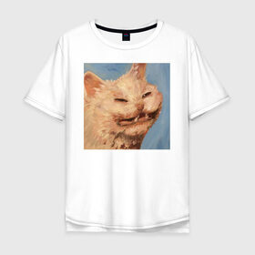 Мужская футболка хлопок Oversize с принтом МЕМ КОТ в Санкт-Петербурге, 100% хлопок | свободный крой, круглый ворот, “спинка” длиннее передней части | искусство | кот | кот мем | котомем | коты мемы | кошка | кошка мем | лицо | лицо кота | лицо кошки | мем | мем кот | мем кошка | нарисованный | перекосившиеся лицо | рисунок | рожа кота