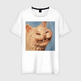 Мужская футболка хлопок с принтом МЕМ КОТ в Санкт-Петербурге, 100% хлопок | прямой крой, круглый вырез горловины, длина до линии бедер, слегка спущенное плечо. | искусство | кот | кот мем | котомем | коты мемы | кошка | кошка мем | лицо | лицо кота | лицо кошки | мем | мем кот | мем кошка | нарисованный | перекосившиеся лицо | рисунок | рожа кота