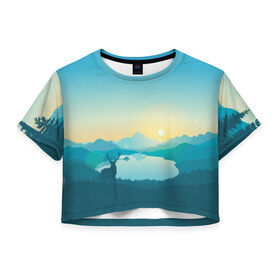 Женская футболка 3D укороченная с принтом Векторная природа в Санкт-Петербурге, 100% полиэстер | круглая горловина, длина футболки до линии талии, рукава с отворотами | firewatch | вектор | восход | гора | горы | дерево | деревья | закат | лес | небо | озеро | олень | природа | природный заповедник | река | северный олень | солнце