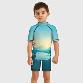 Детский купальный костюм 3D с принтом Векторная природа в Санкт-Петербурге, Полиэстер 85%, Спандекс 15% | застежка на молнии на спине | firewatch | вектор | восход | гора | горы | дерево | деревья | закат | лес | небо | озеро | олень | природа | природный заповедник | река | северный олень | солнце