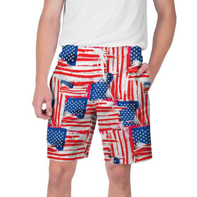 Мужские шорты 3D с принтом Флаг США Американский стиль в Санкт-Петербурге,  полиэстер 100% | прямой крой, два кармана без застежек по бокам. Мягкая трикотажная резинка на поясе, внутри которой широкие завязки. Длина чуть выше колен | Тематика изображения на принте: 