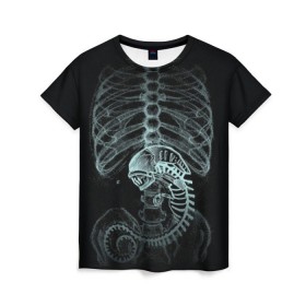Женская футболка 3D с принтом Чужой на Рентгене в Санкт-Петербурге, 100% полиэфир ( синтетическое хлопкоподобное полотно) | прямой крой, круглый вырез горловины, длина до линии бедер | alien | больница | больной | внутренний мир | врач | клиника | кости | пациент | ребра | рентген | скелет | снимок | хищник