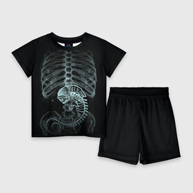 Детский костюм с шортами 3D с принтом Чужой на Рентгене в Санкт-Петербурге,  |  | alien | больница | больной | внутренний мир | врач | клиника | кости | пациент | ребра | рентген | скелет | снимок | хищник