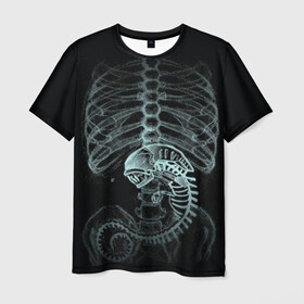 Мужская футболка 3D с принтом Чужой на Рентгене  в Санкт-Петербурге, 100% полиэфир | прямой крой, круглый вырез горловины, длина до линии бедер | alien | больница | больной | внутренний мир | врач | клиника | кости | пациент | ребра | рентген | скелет | снимок | хищник