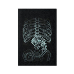 Обложка для паспорта матовая кожа с принтом Чужой на Рентгене  в Санкт-Петербурге, натуральная матовая кожа | размер 19,3 х 13,7 см; прозрачные пластиковые крепления | alien | больница | больной | внутренний мир | врач | клиника | кости | пациент | ребра | рентген | скелет | снимок | хищник