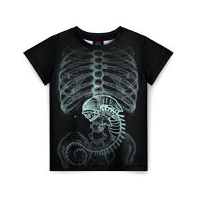 Детская футболка 3D с принтом Чужой на Рентгене в Санкт-Петербурге, 100% гипоаллергенный полиэфир | прямой крой, круглый вырез горловины, длина до линии бедер, чуть спущенное плечо, ткань немного тянется | alien | больница | больной | внутренний мир | врач | клиника | кости | пациент | ребра | рентген | скелет | снимок | хищник