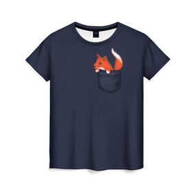 Женская футболка 3D с принтом Лисенок в Кармашке в Санкт-Петербурге, 100% полиэфир ( синтетическое хлопкоподобное полотно) | прямой крой, круглый вырез горловины, длина до линии бедер | animal | fox | детский | карман | лапочка | лиса | милый | мимими | хороший